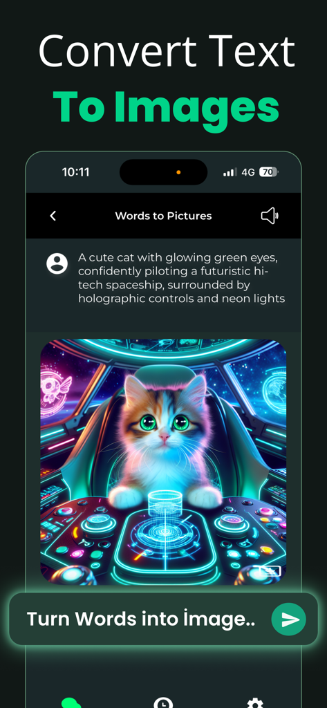 CAI Chat AI: Poly AI Assistant - Interface do aplicativo CAI Chat AI mostrando uma imagem gerada por IA de um gatinho fofo em uma nave espacial futurista com base em um prompt de texto