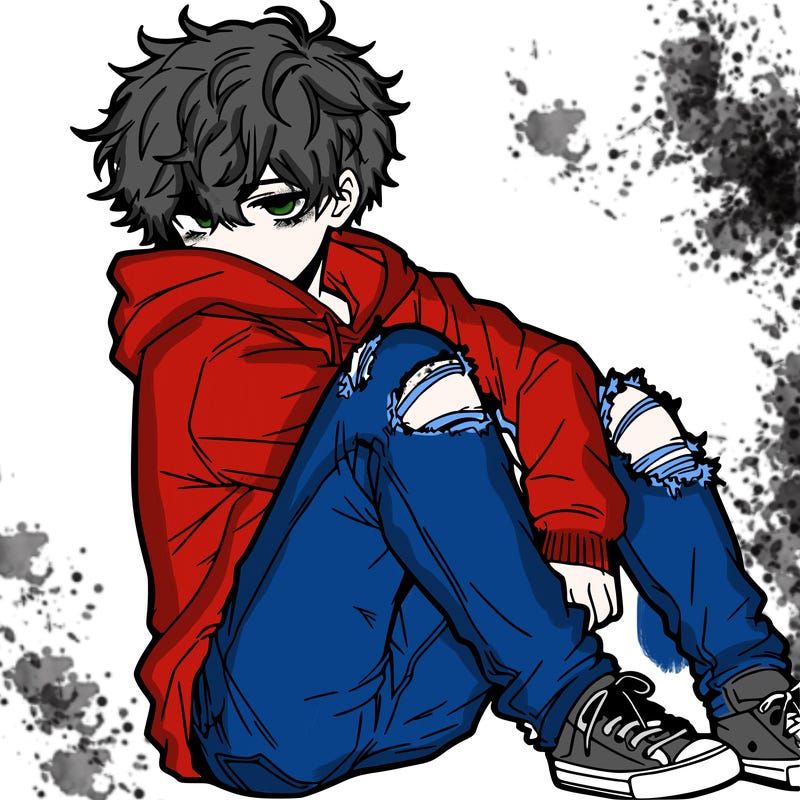 a male hoddie ripped jeans messy hair anime