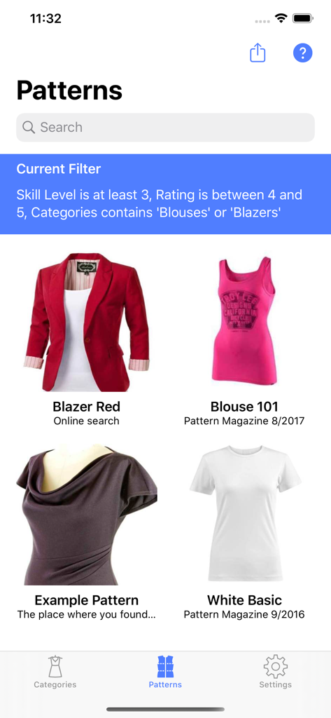 Sewing Patterns - A list of sewing patterns in the app showing a red blazer and blouses with applied search filters.