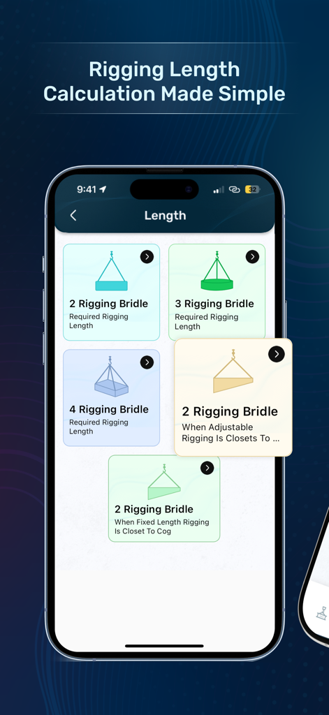 Rigging Load Calculator Tool - Mobile app interface displaying options for 2 3 and 4 rigging bridle length calculations