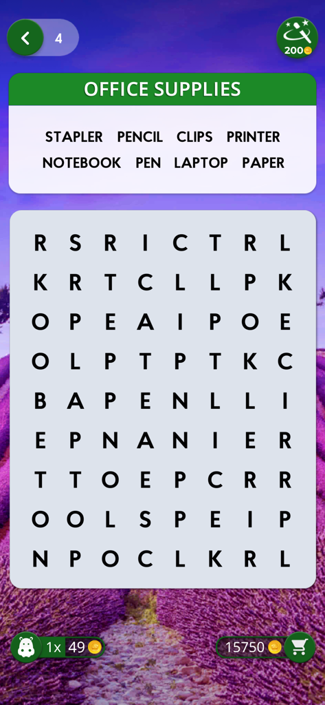 A word search puzzle grid with the theme office supplies in the Words of Wonders Search app