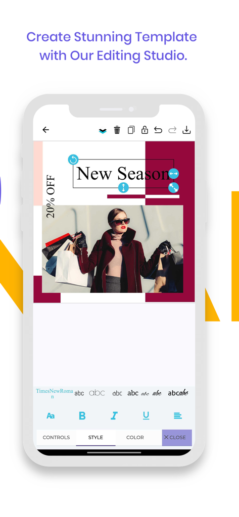 Social Media Post Maker 2025 - Interfaz de aplicación móvil que muestra el estudio de edición para una publicación de redes sociales con temática de moda con herramientas para fuentes y estilo.