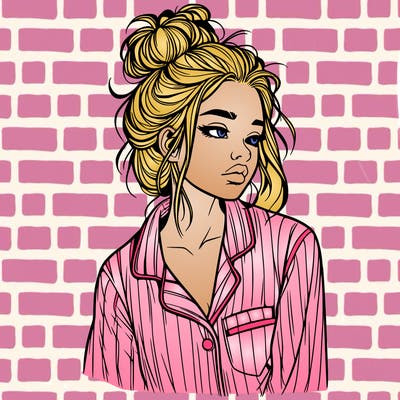 realistic woman with pajamas on and a messy bun