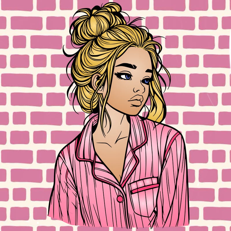 realistic woman with pajamas on and a messy bun