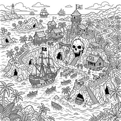 Sail away to a world of swashbuckling adventure with this intricate pirate haven coloring page. Discover hidden coves, grand ships, and bustling island bases, all awaiting your creative touch.