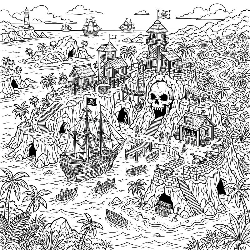 Sail away to a world of swashbuckling adventure with this intricate pirate haven coloring page. Discover hidden coves, grand ships, and bustling island bases, all awaiting your creative touch.