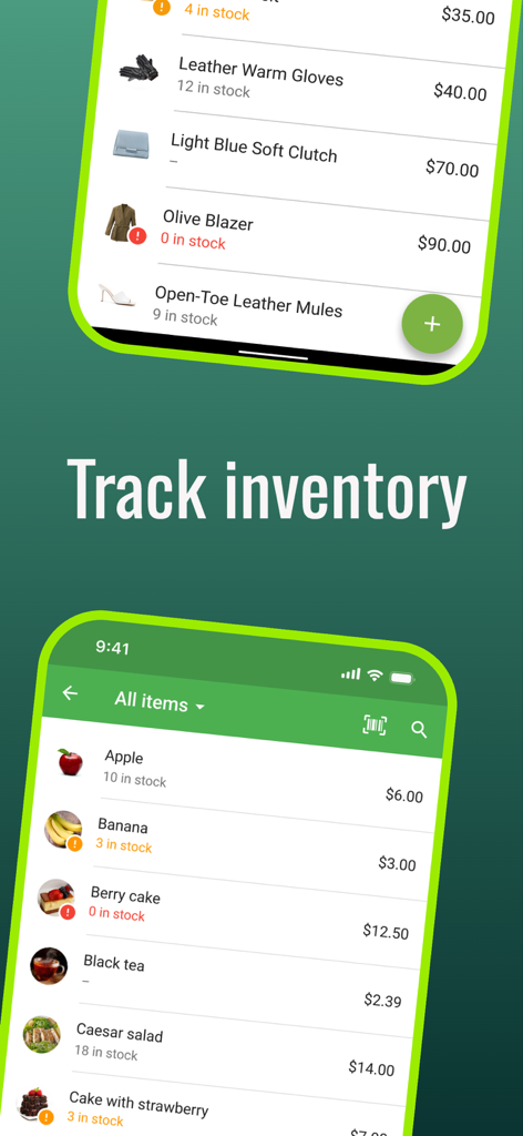 Loyverse POS - Point of Sale - Benutzeroberfläche der App mit Echtzeit-Lagerbestandsverfolgung für Einzelhandelsartikel und Lebensmittelprodukte
