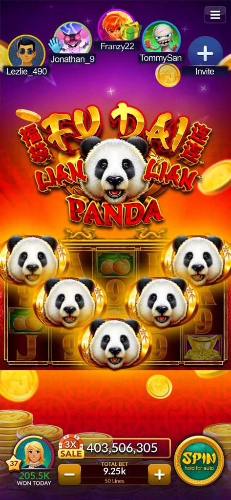 Interface of Fu Dai Lian Lian Panda slot machine in Jackpot Magic Slots app