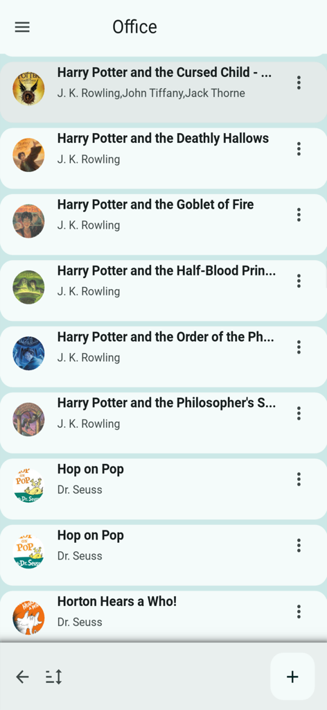 List view of organized books by title and author in the Home Library Catalog app