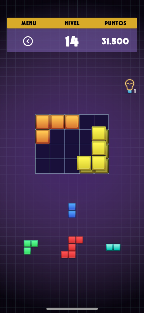BrainBloq: Block Puzzle Game - Gameplay screen of BrainBloq block puzzle showing colorful logic blocks on a grid at level 14.