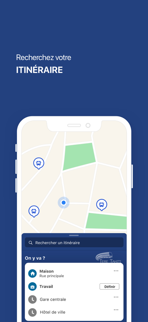 Tere Tahiti Mobilités mobile app interface for searching itineraries and transit routes in Tahiti