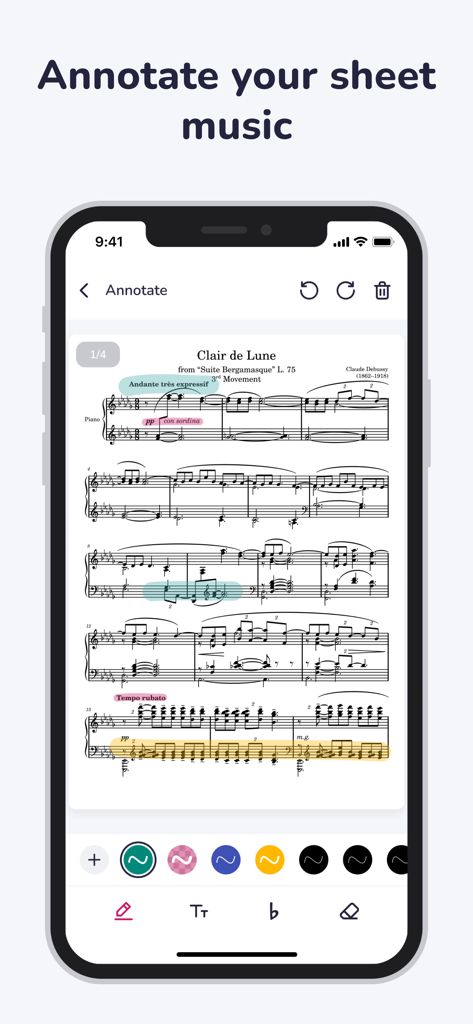 Maestro Amadeus - Sheet Music - Funktion zur Annotation digitaler Noten in der Maestro Amadeus App auf einem Mobiltelefon