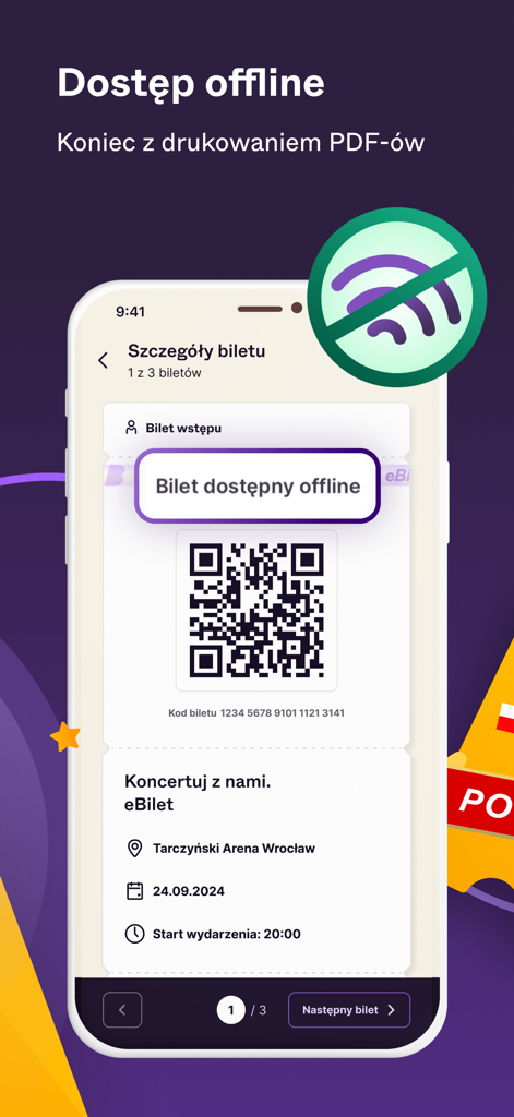Mobile phone showing the eBilet app with a digital concert ticket QR code and an icon for offline access