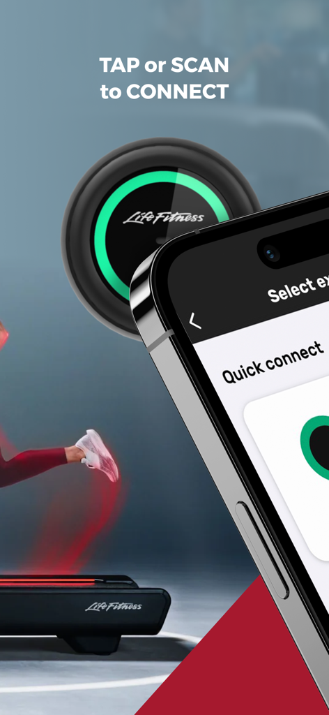 Life Fitness Connect app interface showing the tap or scan to connect feature for gym equipment