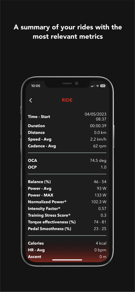 ROTOR Power - A mobile screen displaying a summary of cycling metrics including power cadence and pedal smoothness from the ROTOR Power app