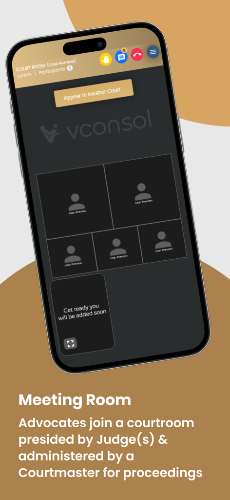 Vconsol-TSHC - Interfaz de aplicación móvil de Vconsol-TSHC que muestra una sala de reuniones virtual de sala judicial con ranuras de video para participantes y herramientas de audiencia legal.