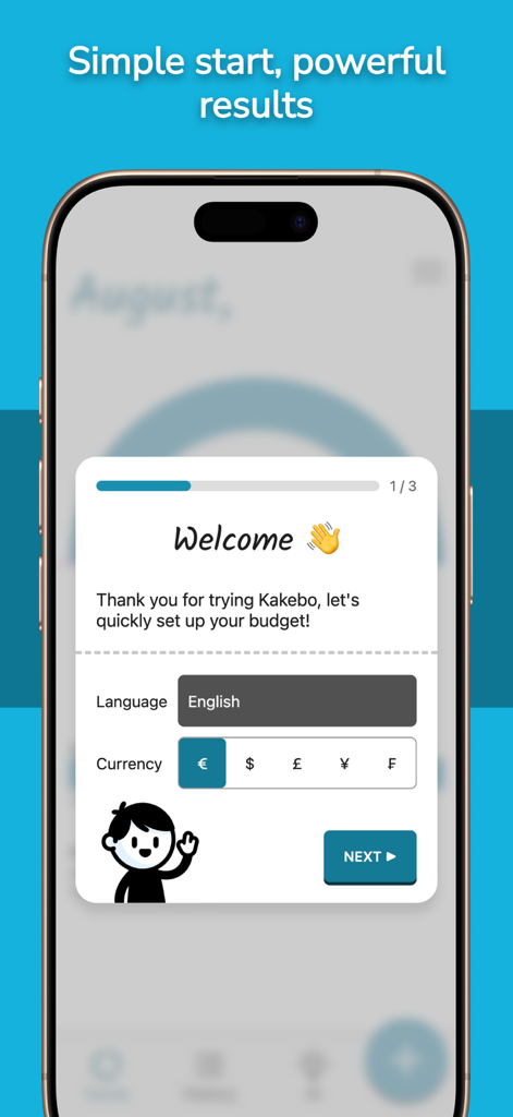 Écran d'intégration de l'application de budget Kakebo pour la sélection de la langue et de la devise.
