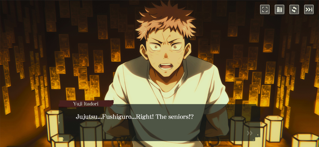 A story cutscene featuring Yuji Itadori with dialogue in Jujutsu Kaisen Phantom Parade.