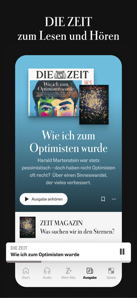 DIE ZEITモバイルアプリのインターフェースに、記事の読み込みやデジタル版の視聴オプションが表示された特集記事が表示されています。