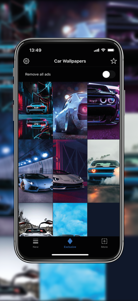 Car Wallpapers Background 4K - A grid of luxury and sports car wallpapers on a mobile phone app interface