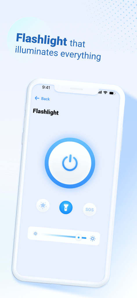 Interface de la lampe de poche de l'application AI Security avec contrôle de la luminosité, bouton d'alimentation et mode SOS