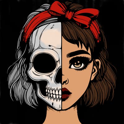 realistic girl with half skull mask