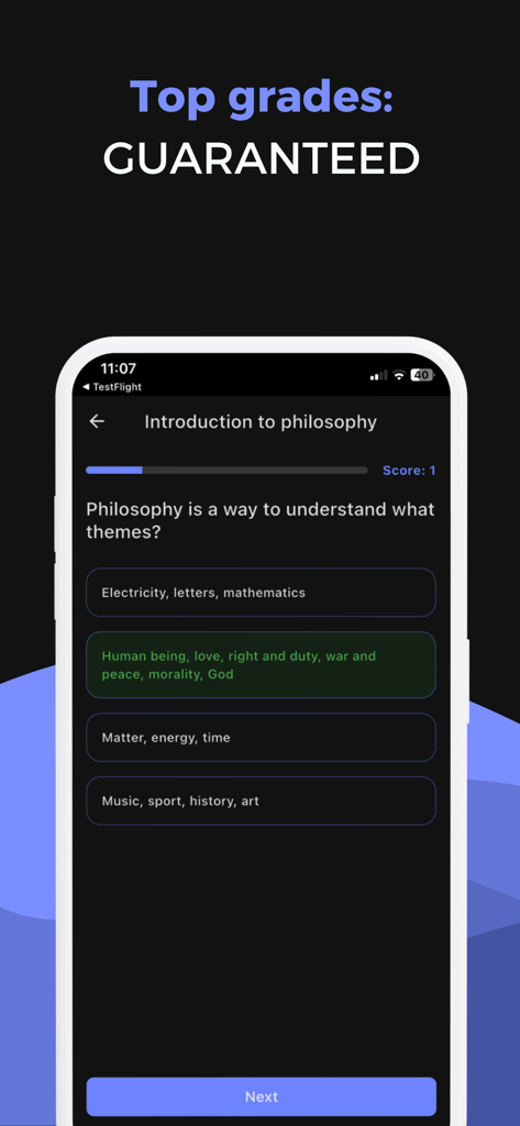 Philosophy Master Learn School - An interactive philosophy quiz screen on a smartphone showing a multiple choice question about philosophical themes