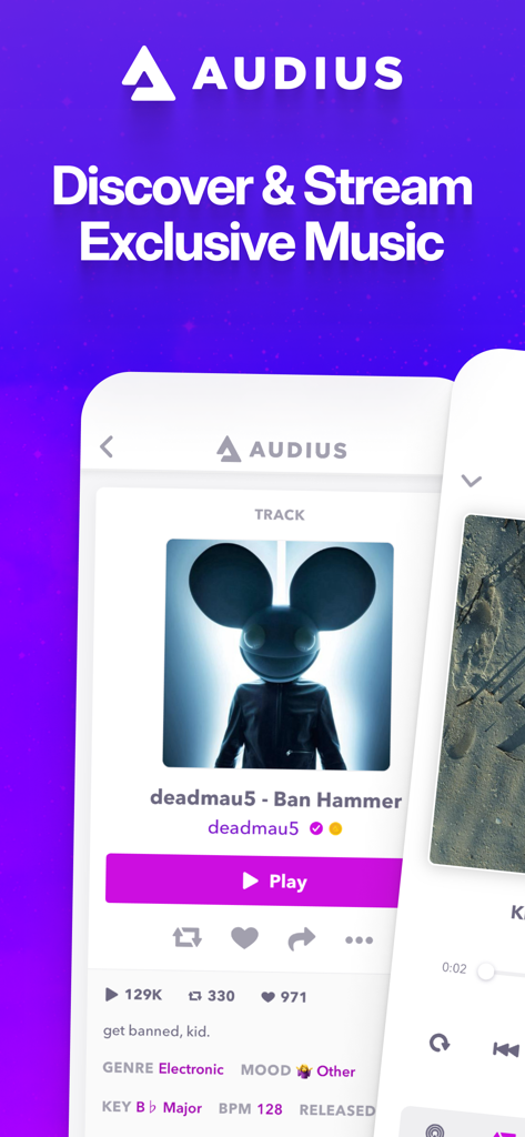 Audius Music app interface showing the track Ban Hammer by deadmau5 with a play button and track details
