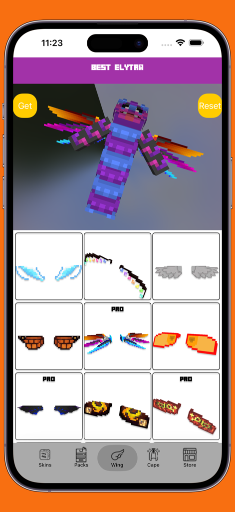Skinseed - Skins for Minecraft - Interface do aplicativo Skinseed exibindo uma biblioteca de skins personalizadas de asas de elytra para personagens de Minecraft