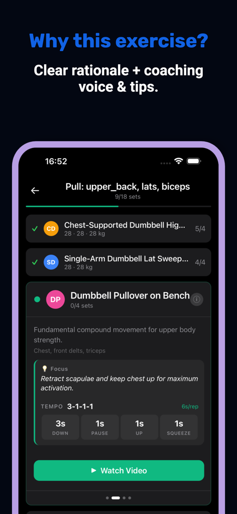 Arvo: AI Workout Coach - Arvo AI workout coach interface displaying exercise rationale and coaching tips for a dumbbell pullover