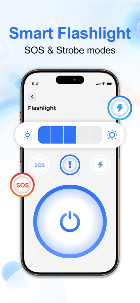 AI Cleaner：Phone Cleaner - Interface of the Smart Flashlight feature with SOS and Strobe modes in the AI Cleaner app