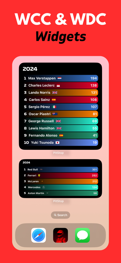 Race Widgets: PitStop Pro - iOS-Home-Bildschirm mit Formel-1-Fahrer- und Konstrukteurs-Meisterschafts-Ranglisten-Widgets