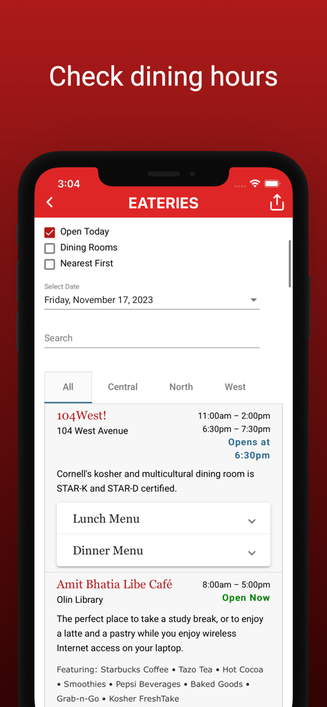 Cornell Student App - A mobile interface for the Cornell Student App showing a list of campus eateries with their operating hours and menus