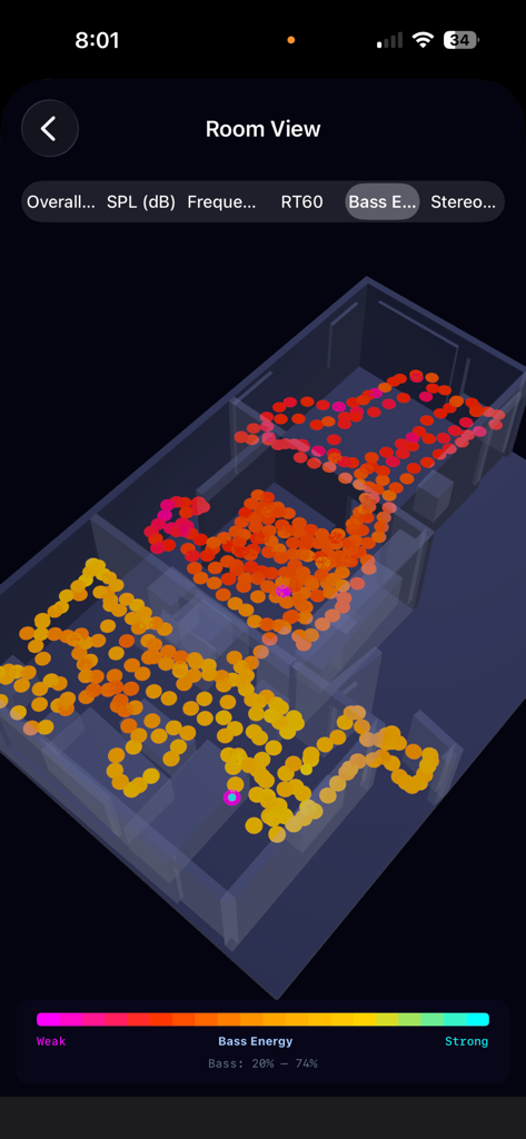 SonarRoom - A 3D acoustic map in the SonarRoom app visualizing bass energy distribution throughout a home floor plan.