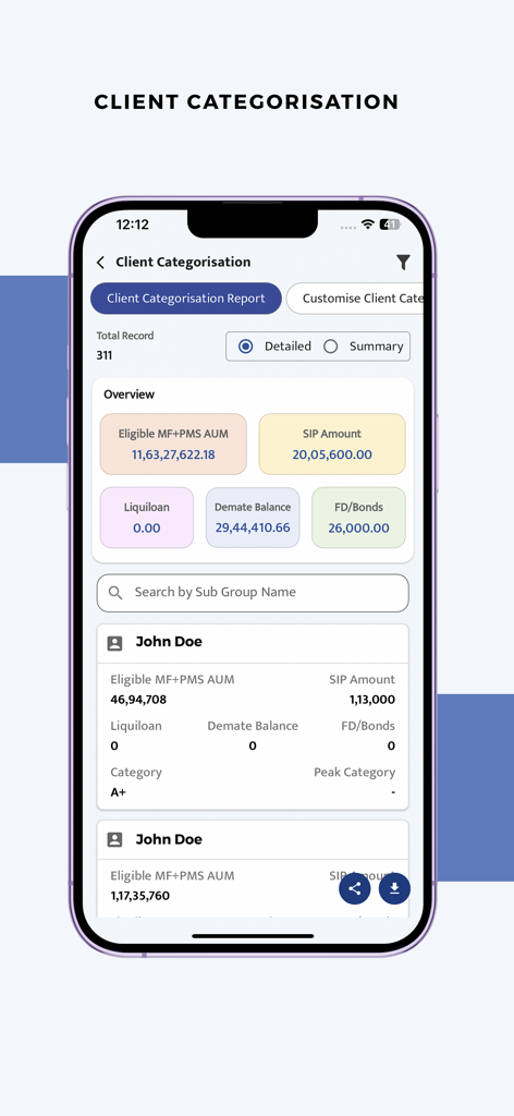Prudent Partner Desk - Tela do aplicativo móvel Prudent Partner Desk mostrando categorização de clientes e visão geral do resumo de investimentos.