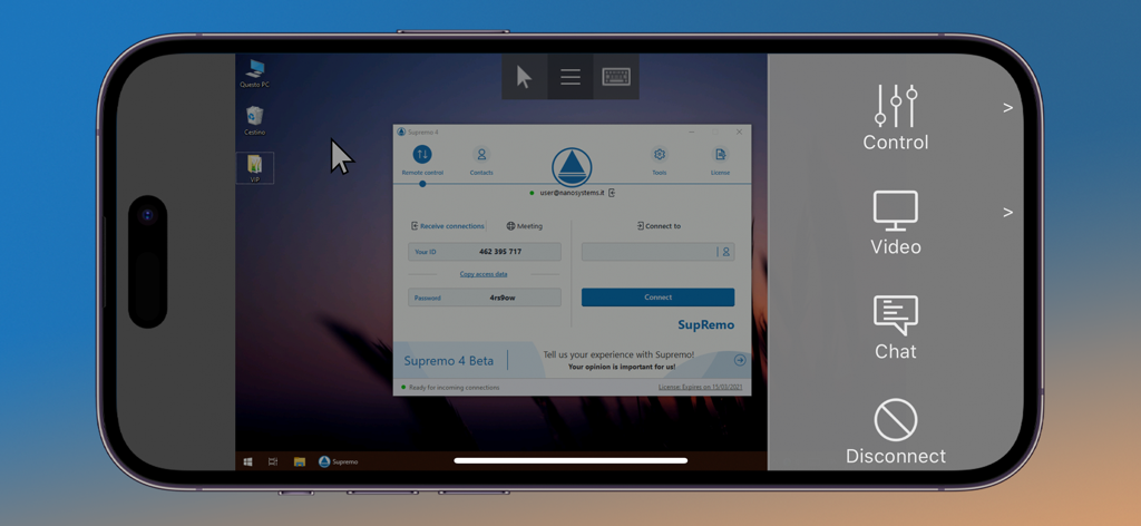 Interface do aplicativo Supremo Remote Desktop no iPhone mostrando acesso remoto a um computador Windows com uma barra lateral de controle.