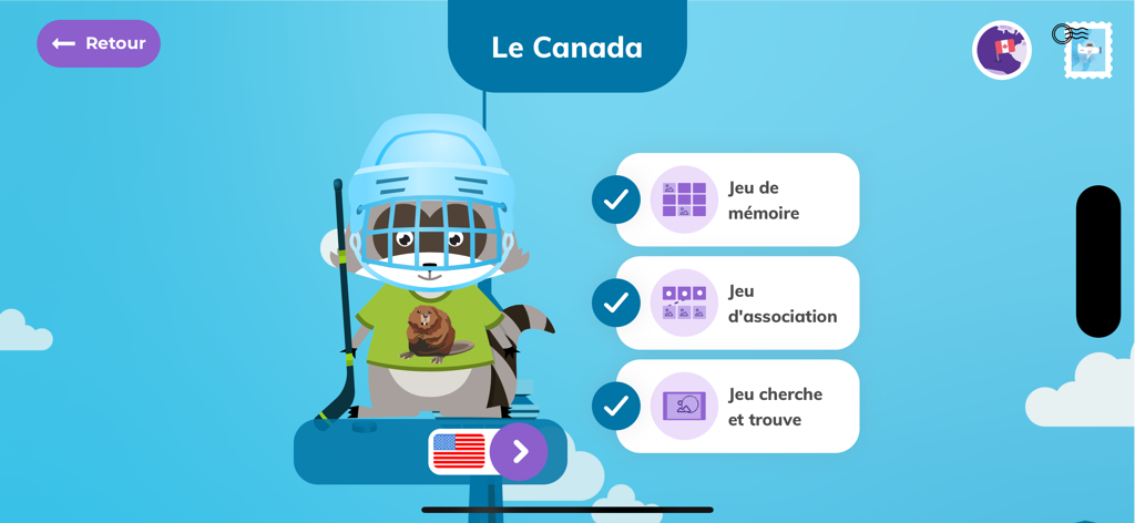 Boukili - Boukili app screenshot showing Canada level with educational games and a raccoon avatar in hockey gear