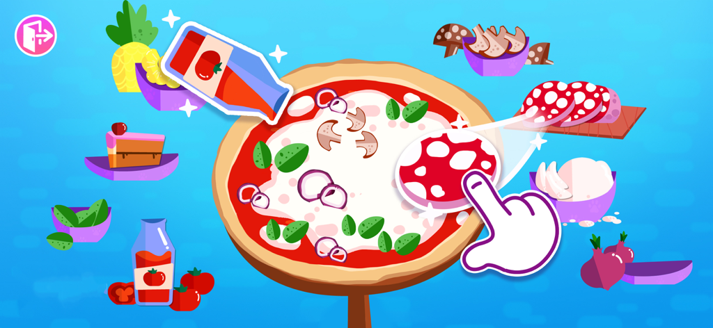 Fun Cooking games for Kids - Una colorida pantalla de juego de preparación de pizza donde los niños pueden agregar ingredientes y salsa