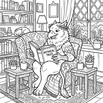 Settle into a world of mythical tranquility with this charming Keythong coloring page. Discover a wingless griffin enjoying a serene weekend, engrossed in a book within a cozy, detailed room.