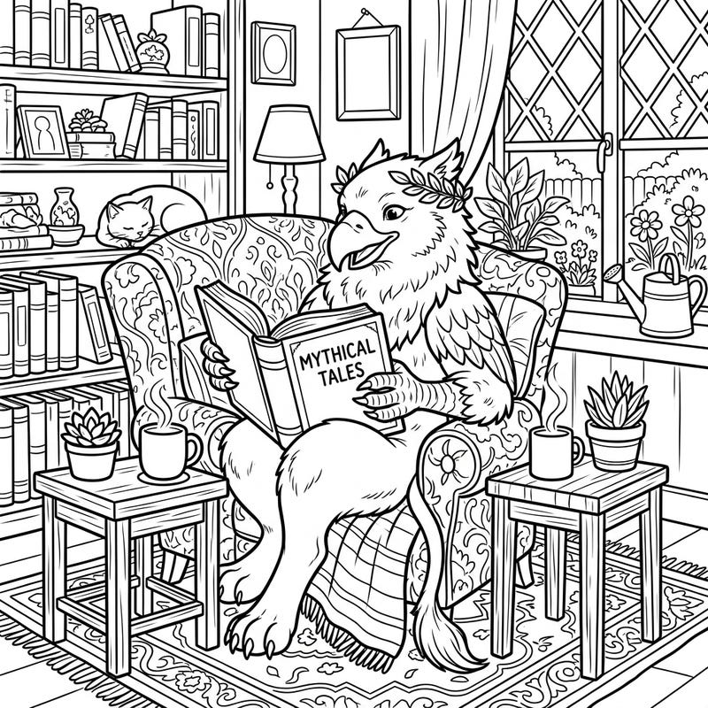 Settle into a world of mythical tranquility with this charming Keythong coloring page. Discover a wingless griffin enjoying a serene weekend, engrossed in a book within a cozy, detailed room.