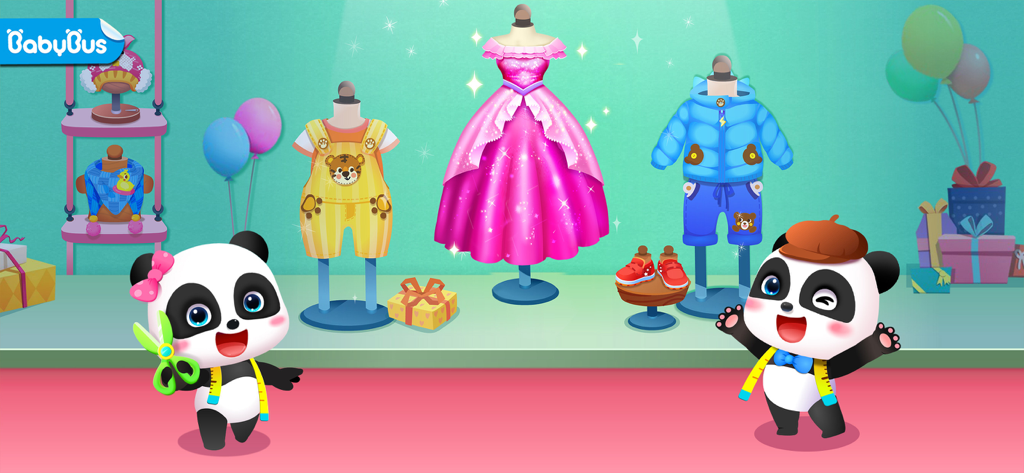 Baby Panda's Fashion Dress Up - Baby Panda Kiki and a friend showcasing custom outfits like a pink gown and tiger overalls in their fashion store