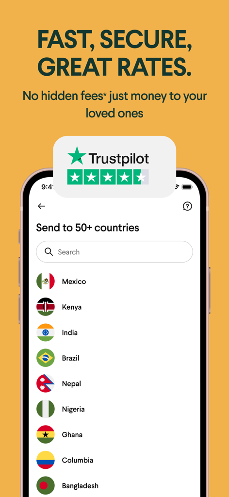 Taptap Send: Money Transfer - Taptap Send mobile app screen showing options to send money to over 50 countries