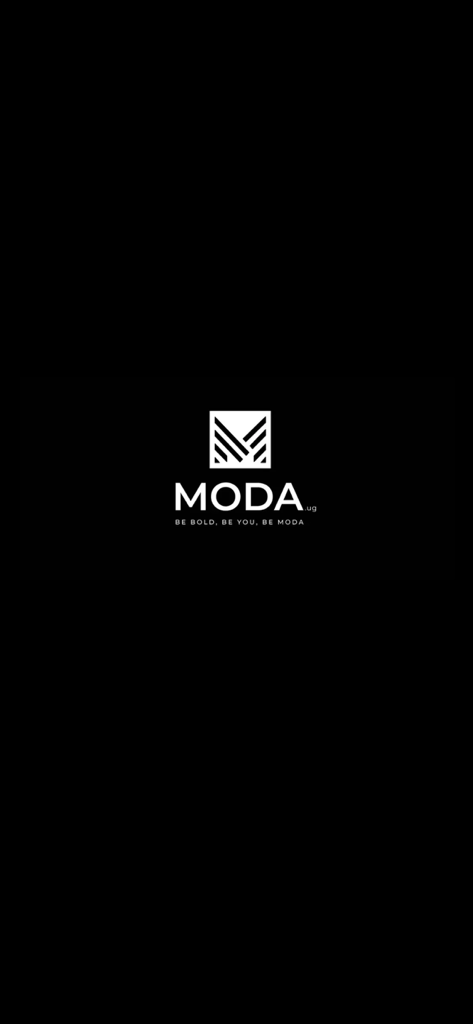 Moda UG: Fashion & Shopping - Schermata di avvio dell'app di moda e shopping Moda UG con logo bianco e tagline su sfondo nero