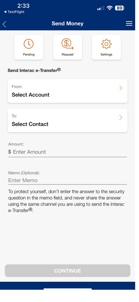 FirstOntario Mobile Banking - FirstOntario Mobile Banking app screen for sending an Interac e-Transfer
