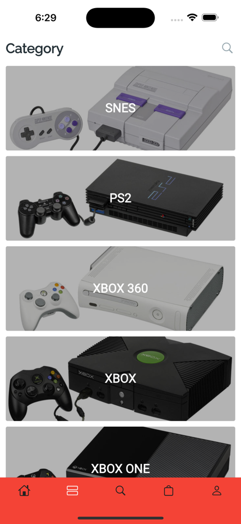 Category screen in Retro Jake's Mobile app featuring vintage consoles like SNES and PS2