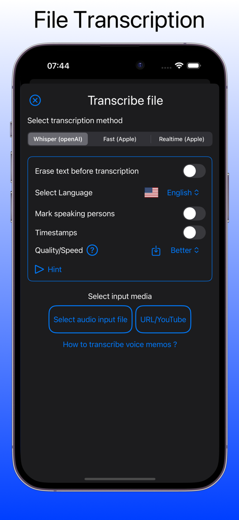 Interface for transcribing audio files and YouTube videos with Whisper AI and language settings.