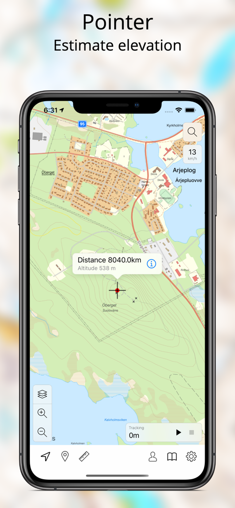 Topo maps - Sweden - Interface of Topo maps - Sweden app showing the pointer tool to estimate elevation and distance on a topographic map