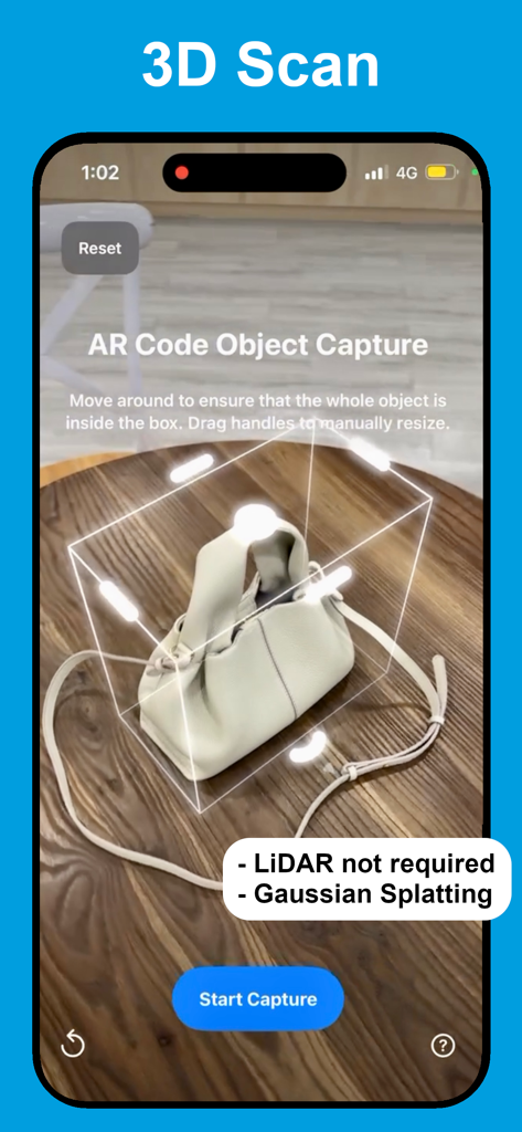 AR Code Object Capture 3D Scan - Interface of the AR Code Object Capture app performing a 3D scan of a white handbag on a wooden table using Gaussian Splatting technology.