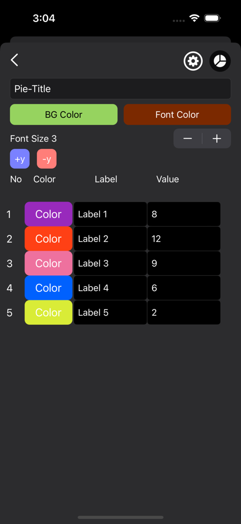 Interface de aplicativo móvel para inserir dados e personalizar cores para um gráfico de pizza 3D