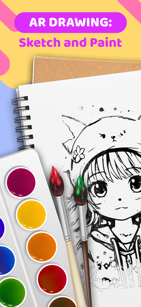 AR Drawing: Simply Draw, Trace - AR Drawing app interface showing a sketch of an anime girl next to a watercolor palette and paintbrushes